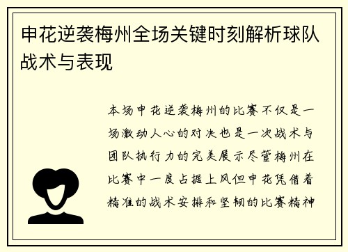 申花逆袭梅州全场关键时刻解析球队战术与表现